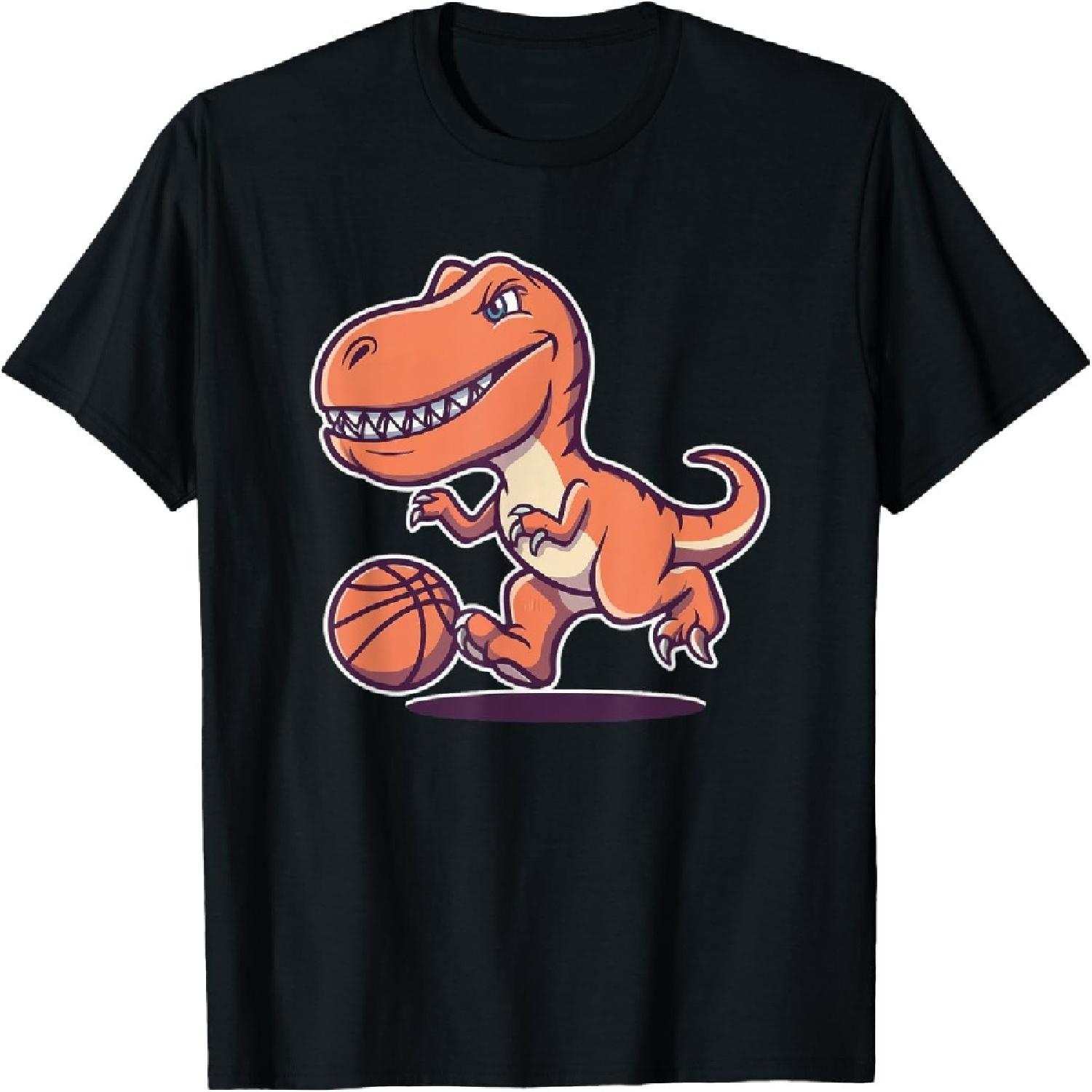 T Rex Dinosaur Dribbling Basketball Cartoon T-Shirt S