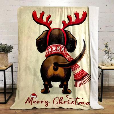 Christmas Dachshund Print Flannel Throw Blanket - Reversible Machine Washable All Seasons Gift