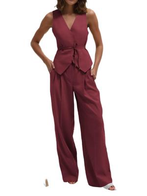 Womens Vest And Wide Leg Pants Set Sleeveless Tie Waist Business Casual Suit