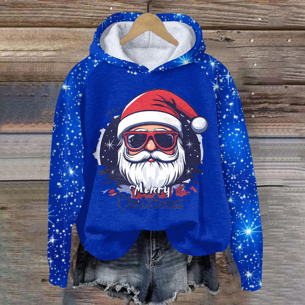 Women's Fashion Casual Pullover Plug Sleeve Christmas Printed Hooded Sweatshirt