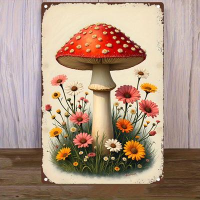 Grande Fungo Amanita Muscaria Vintage Fiori Selvatici Segno Decorativo da Parete in Metallo Rosso Bianco Verde Giardino Fiabesco con Bianco