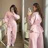 Women Two Piece Set Elegant Puff Sleeve Blouse High Waist Wide Leg Pants Casual Office Suit