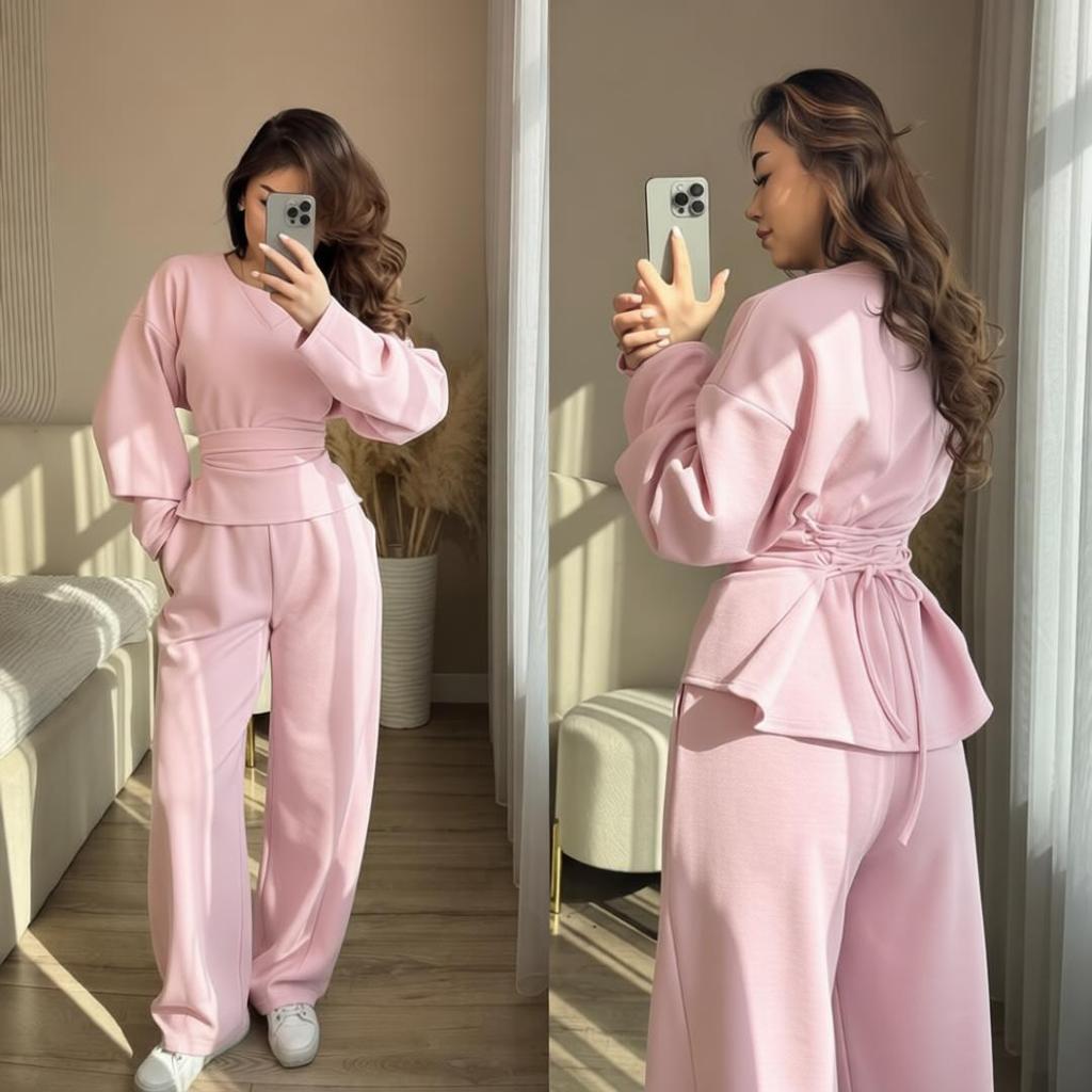 Women Two Piece Set Elegant Puff Sleeve Blouse High Waist Wide Leg Pants Casual Office Suit