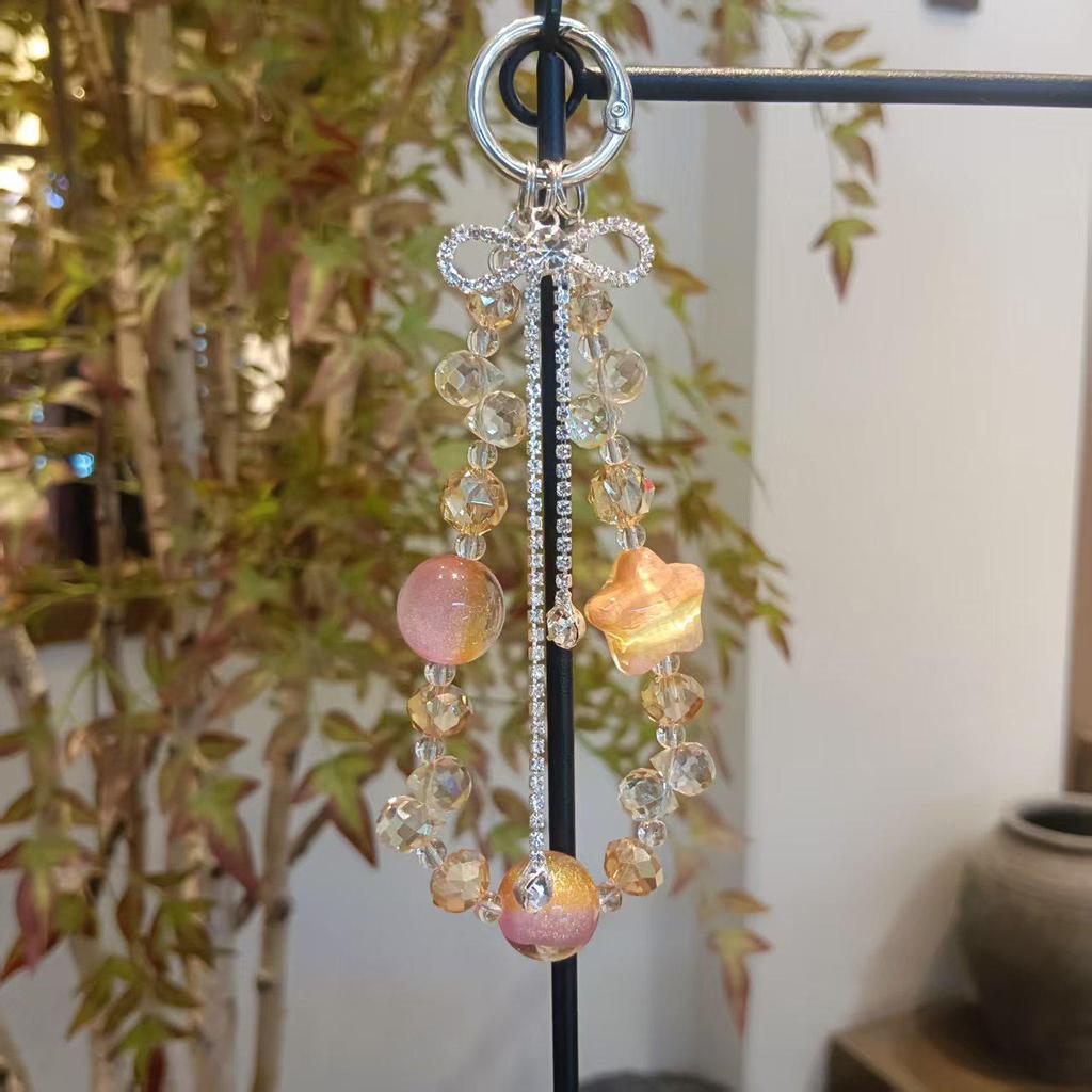 Luxus-Stil Perlenbesetzte Zweifarbige Handykette & Kristallanhänger Schlüsselanhänger-Charm