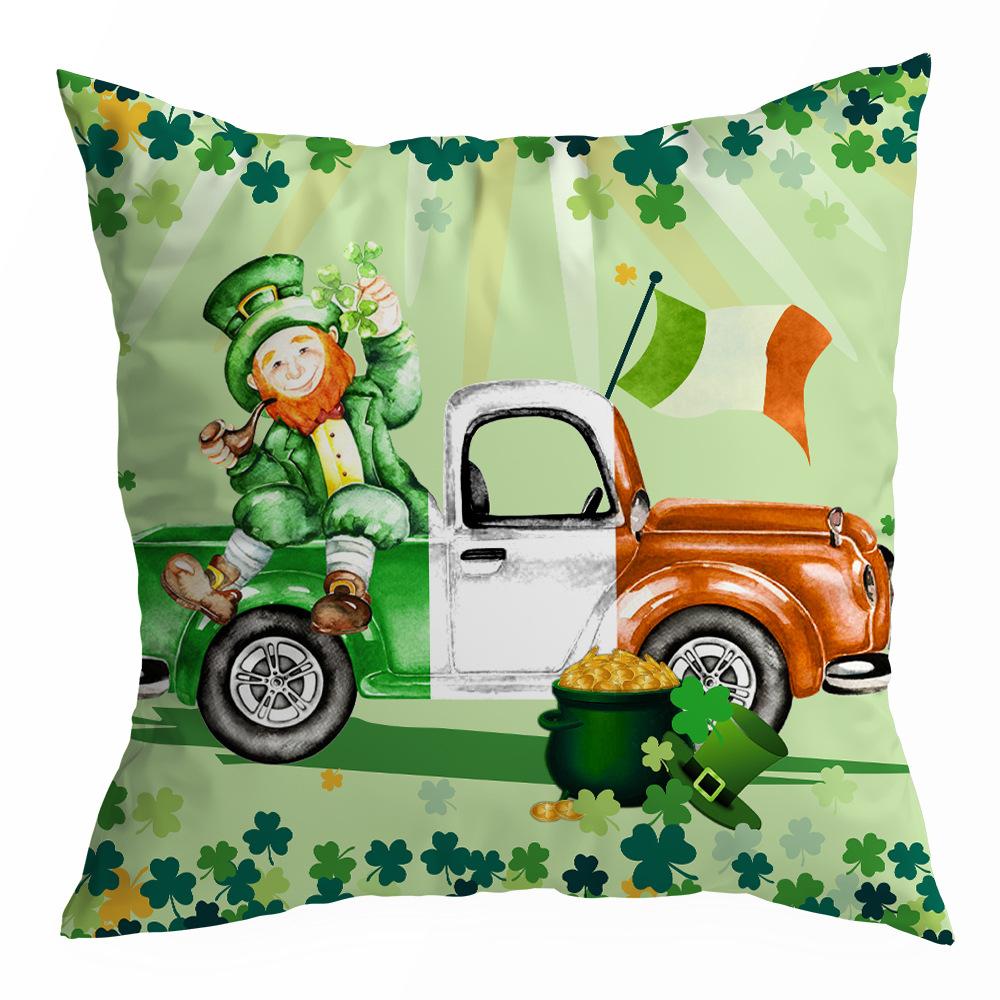 St. Patrick's Day Peach Skin Velvet Pillowcase, Green Four-leaf Clover Printed Sofa Pillow Cushion