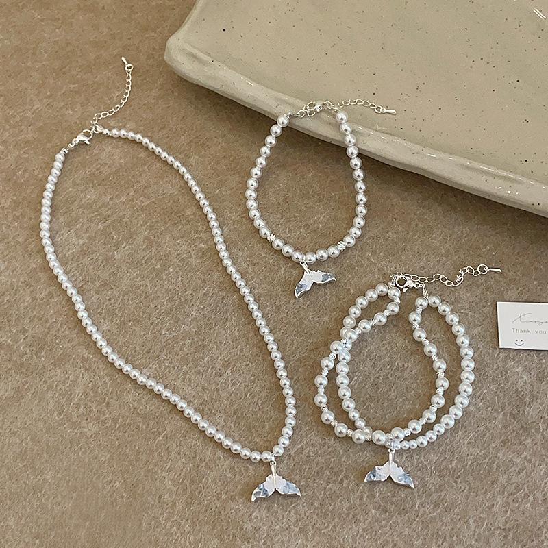 Pearl Crystal Fishtail Pendant Necklace Bracelet Women'S High Sense Elegant Personality Fashion Versatile Neck Chain Collarbone Chain