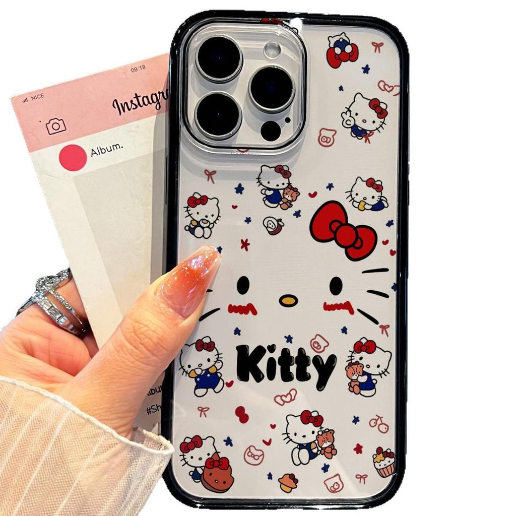 Cute Cat Transparent Phone Case for 16/17 Pro Max with Black Edge