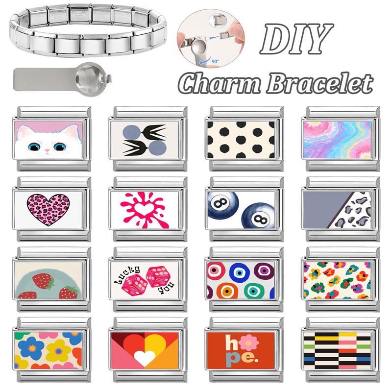 Lovely Cat Ball Leopard Heart Strawberry Flower Y2K Italian Charm Link Fit 9MM Stainless Steel Bracelet Girls' DIY Making Gift