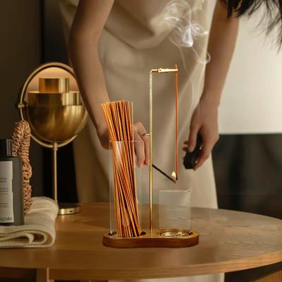 Incense Stick Holder with Transparent Glass Ash Catcher Wooden Base Incense Burner with Clip Home Office Desktop Yoga Meditation Decoration