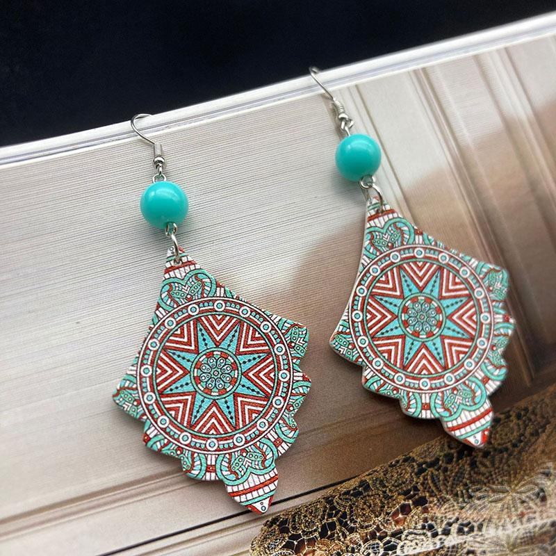 

Ethnic Rhombus Colorful Painted Wooden Earring for Women Creative Geometric Pattern Bead Dangle Earrings Daily Prty Jewelry Other синий