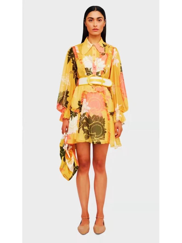 2023 Autumn Women's Short Dress: Lapel, Lantern Sleeves, Single-Breasted with Buckle Belt and Waist Print Detail