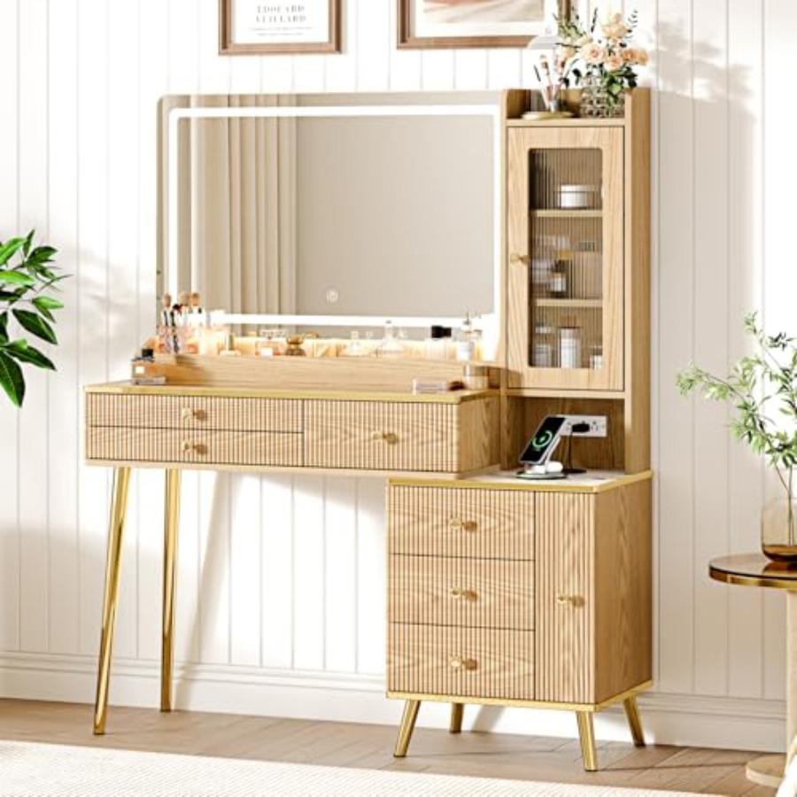 Vanity Desk with 35.12" HD Lighted Mirror, 46.85" Big Modern Vanity Desk with Mirror and Lights, Makeup Vanity with 7 Drawers a