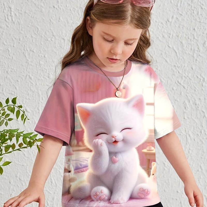 Barnkläder Flickkläder Kortärmad Flick T-shirt Tecknade Djur Tryck Casual O-Hals Flicktopp T-shirt Barn Sommarkläder