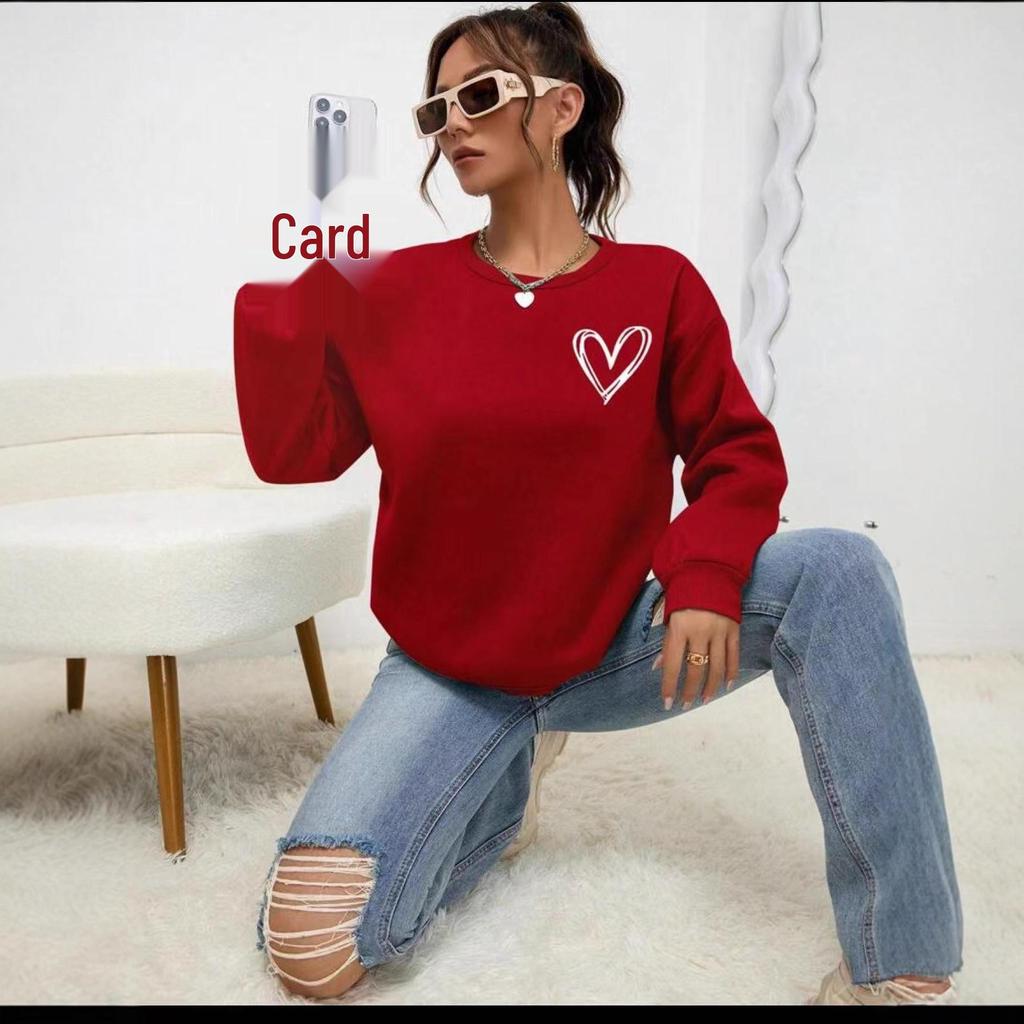 Women's Heart Print Loose Long Sleeve Sweatshirt - Cozy Round Neck Pullover