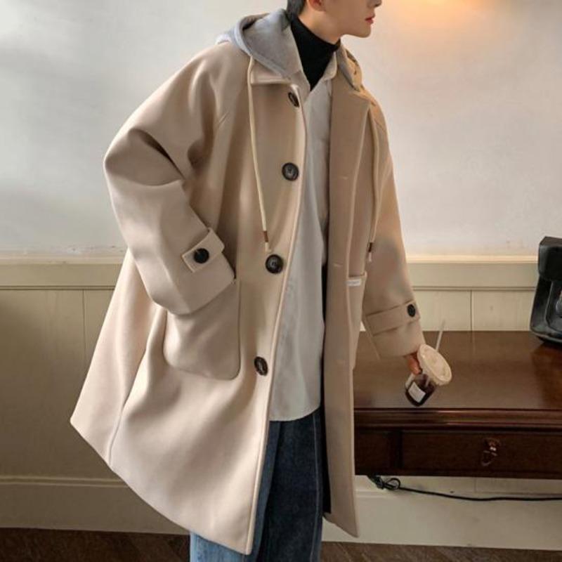Yousheng Men Woolen Coat Hooded Drawstring Long Sleeve Single Breasted Jacket Coat with Large Pockets Long Windbreaker