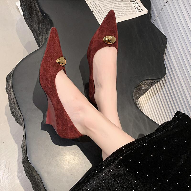 Wedge High Heels Women Pointed Toe Pumps Office Shoes Female Metal Buckle Shallow Fashion Elegant Party Dress Shoes Female Pumps