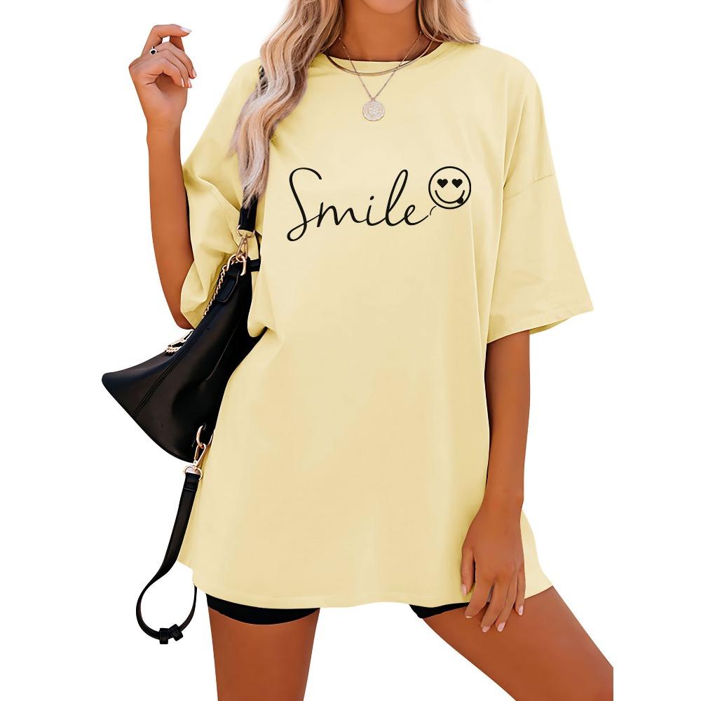 Tricou de damă cu mânecă scurtă, cu imprimeu lejer și mânecă scurtă, cu guler rotund și umăr căzut