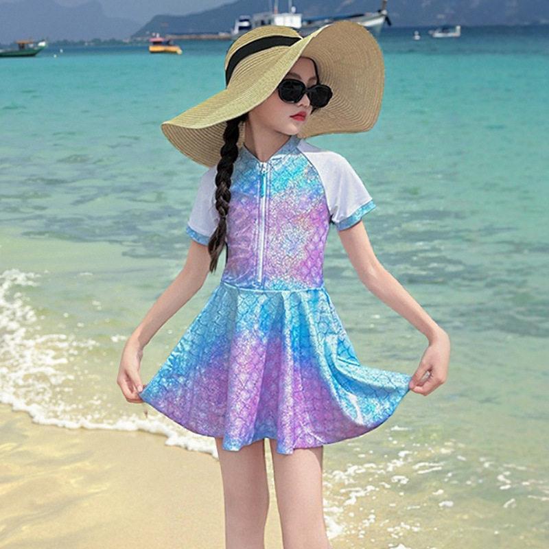 Girls Summer Mermaid One Piece Swimsuit With Padding Ruffled Beach Vacation Swimwear Dress 120
