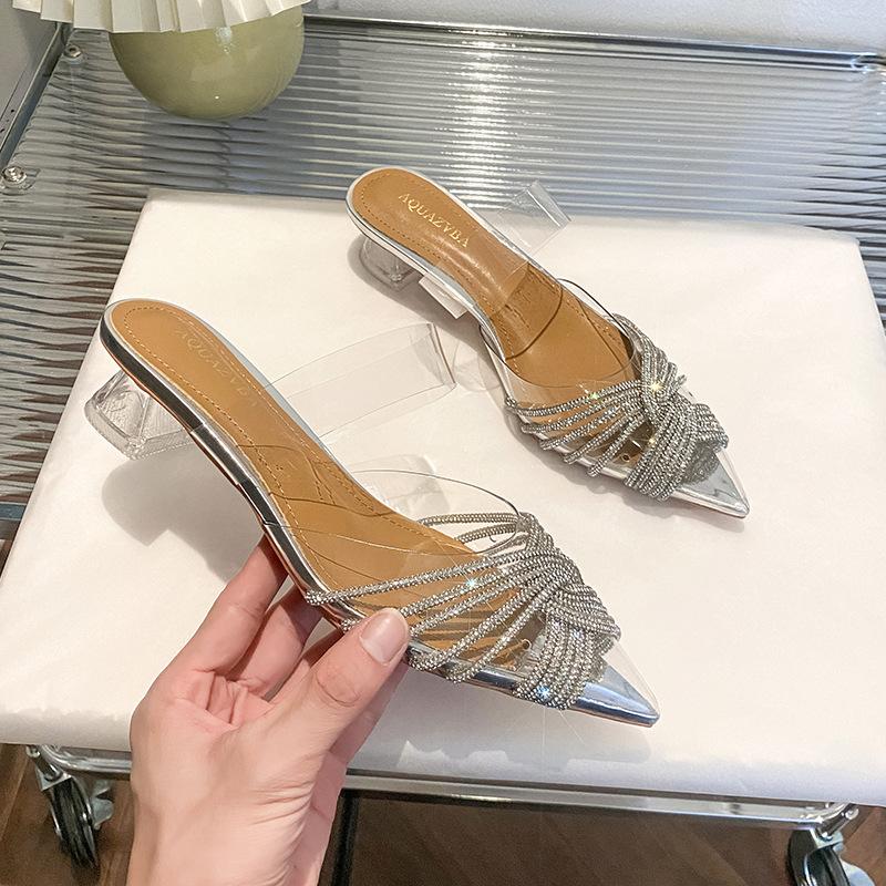 

Rhinestone high heels women s new transparent one-word belt open-toed sandals thick-heeled slippers are not tired to wear 40