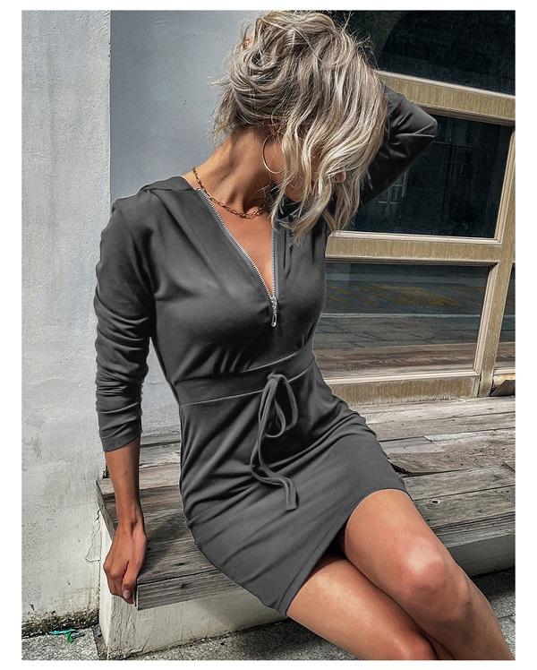 

Женское модное осенне-зимнее платье-свитер с капюшоном, повседневное однотонное платье с v-образным вырезом, тонкая мини-облегающая юбка, женское платье-карандаш S серый