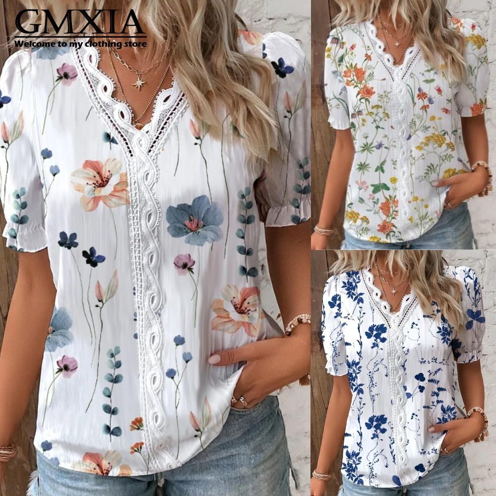 GMXIA Moda Donna Casual Manica Corta Scollo a V Bluse e Camicie