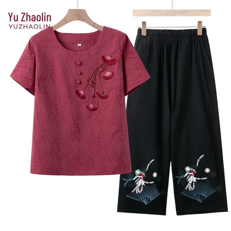 YUZHAOLIN Elderly Women s Summer Two-Piece Short Sleeve Set 3XL