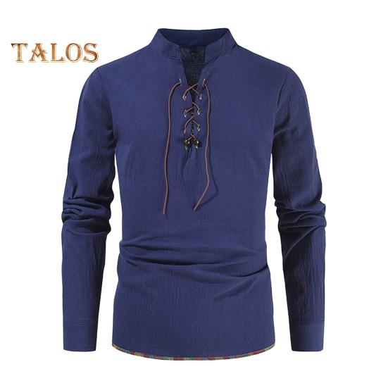 Spring Autumn Men Shirt Lace-up Stand Collar Long Sleeves Solid Color Loose Retro Medieval Mid Length Casual Commuting Office Top