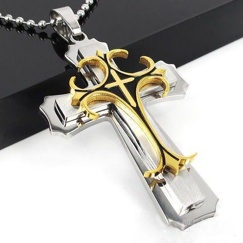 Men's Cross Pendant Necklace, Personalized Titanium Steel Layered Chain