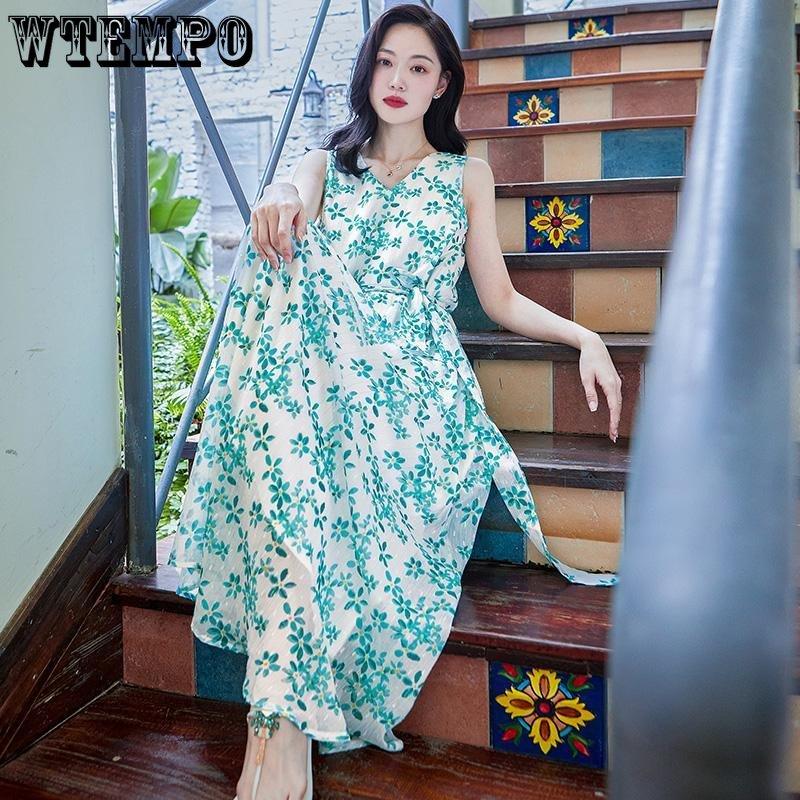 WTEMPO Dámské letní halter šaty s potiskem mořské dovolené, plážové šaty, bohémské šaty, volné temperamentní květinové šaty, pohádkové šaty