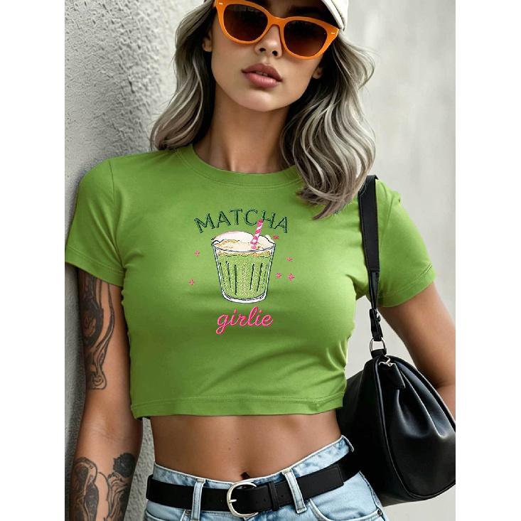 Y2K Hot girl outfit, short style T Shirt New European and American Summer Styles Matcha Girlie Matcha drink print slim-fit crop top, cool and sexy, S армия зеленый