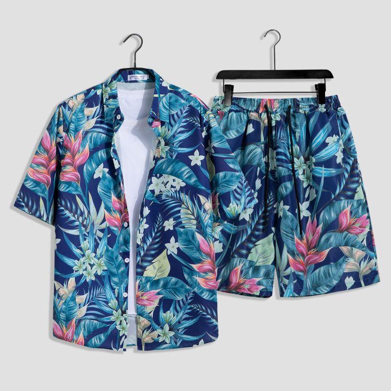 

Mens Fashion Print Sets Short Sleeve Shirt+Shorts 2Pcs Suit Loose 2026 Summer Casual Beachwear Male Vacation Hawaiian Outfits M