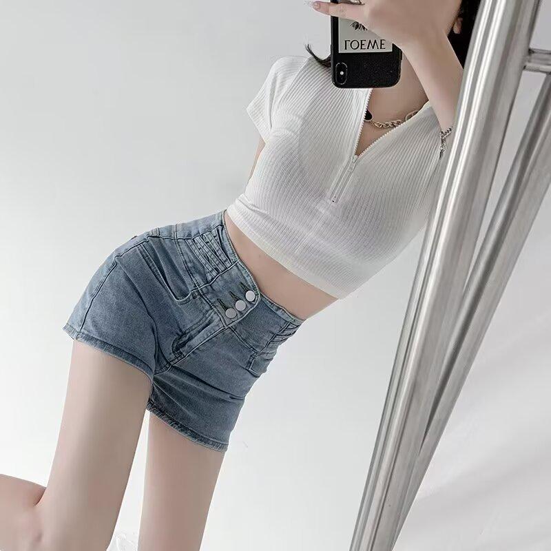 Elastic High-Waist Denim Shorts with Slimming Straight-Leg Design and Abdomen Control for Women