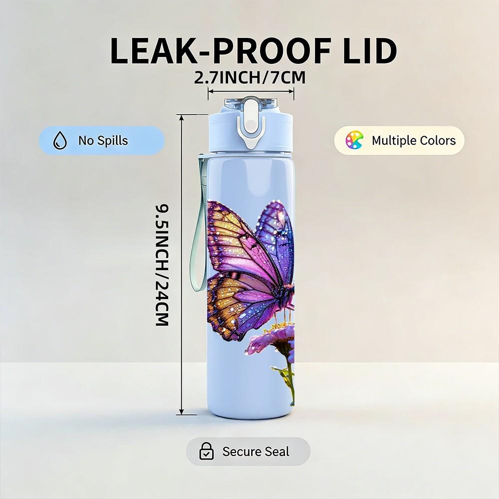 1PC Colorful Butterfly On Purple Flower Print 750ml Color Plastic Sports Water Bottle Leakproof Flip Straw Lid Suitable for Sports Office Home Use