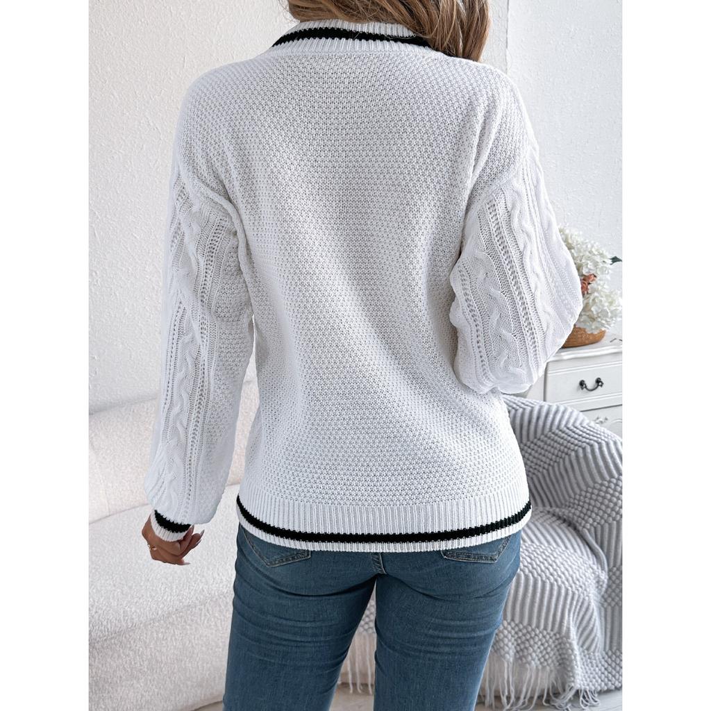 HNXC Autumn Winter School Style Multi-color V-neck Twisted Lantern Long-sleeved Sweater Women's Clothing