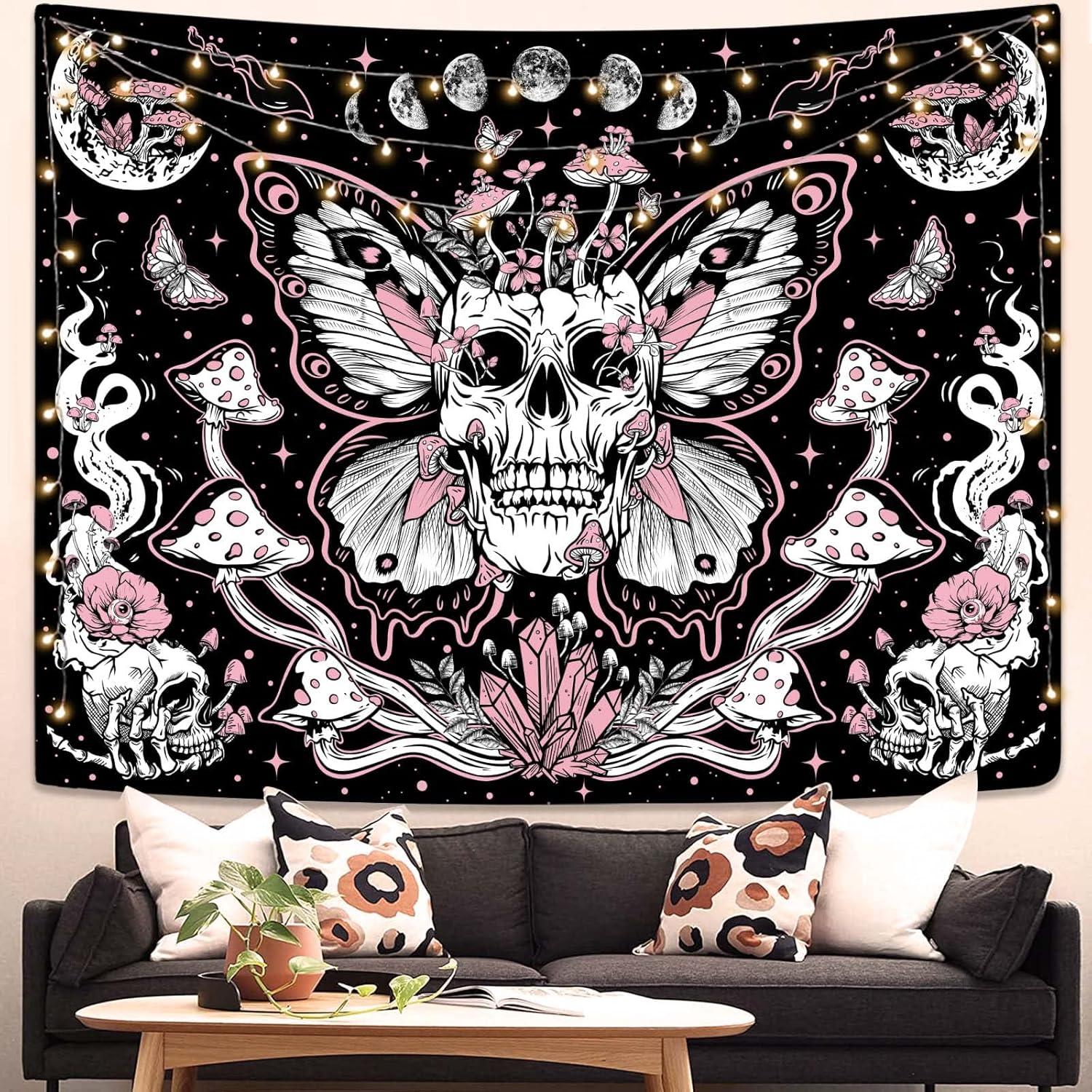 Tapestry of the skull mushroom flower skeleton by kampdream 75x100 чёрный