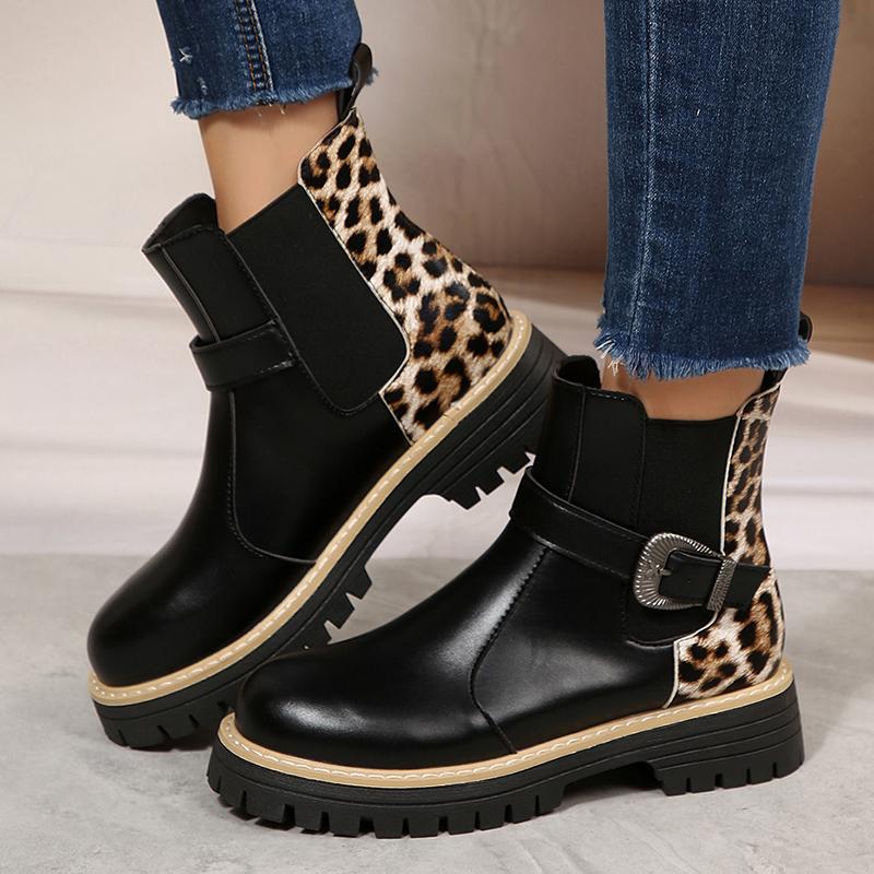 Fashion Buckle Platform Chelsea Boots Women Slip on Pu Leather Leopard Print Ankle Boots Woman Plus Size 36-43 Thick Sole Botas