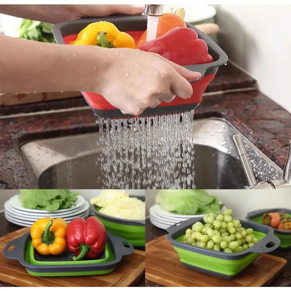 Silicone Folding Drain Basket Collapsible Drainer Fruit Vegetable Washing Basket Foldable Strainer Colander Fruit Cleaning Basin