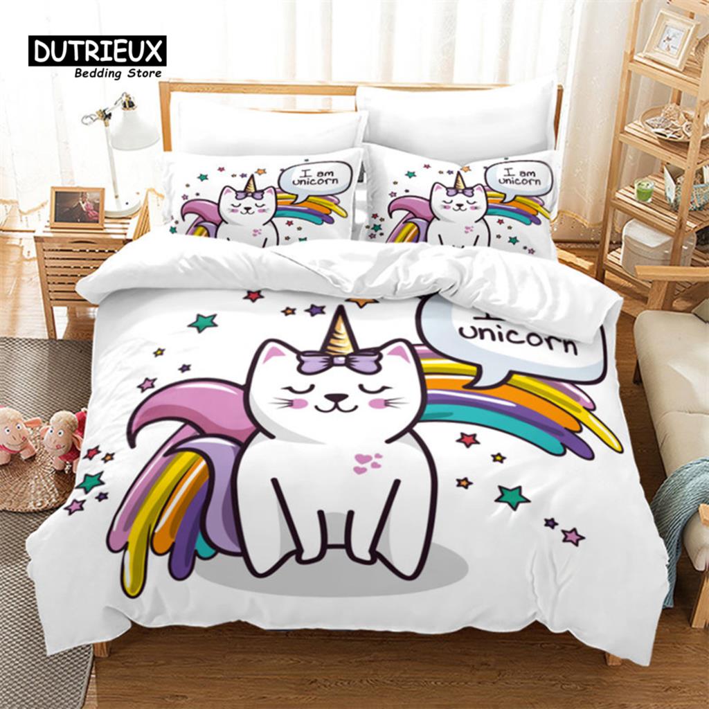 Cute Cartoon Cat Duvet Cover Funny Cats Bedding Set Microfiber Animals Comforter Cover With Pillowcases Twin Full For Kids Teen
