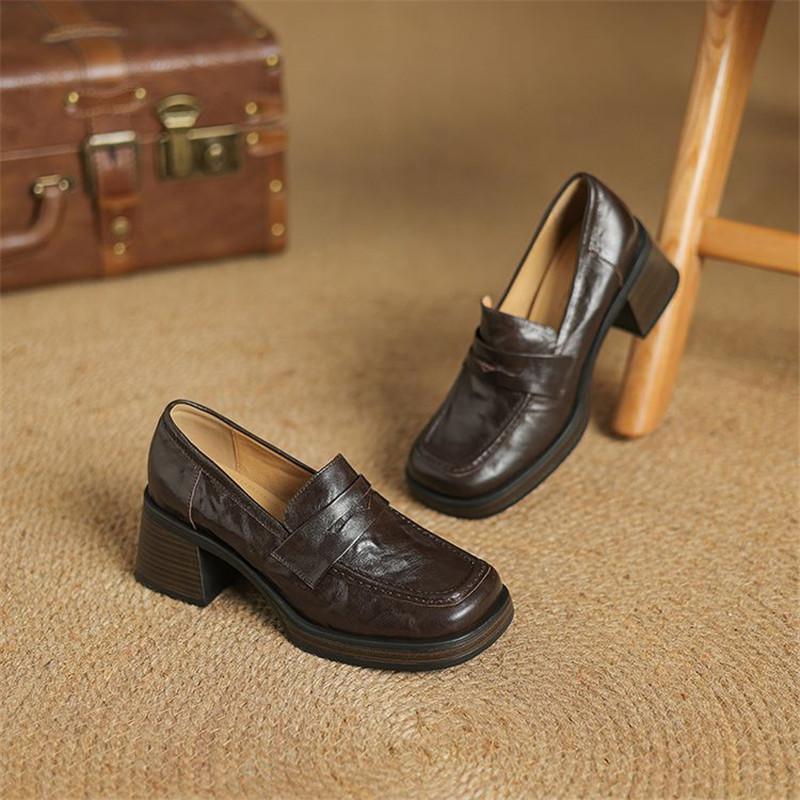 Fashion New Spring Genuine Leather Woman Shoes Square Toe Women Pumps Shoes for Women High Heel Platform Loafers Ladies Shoes Women