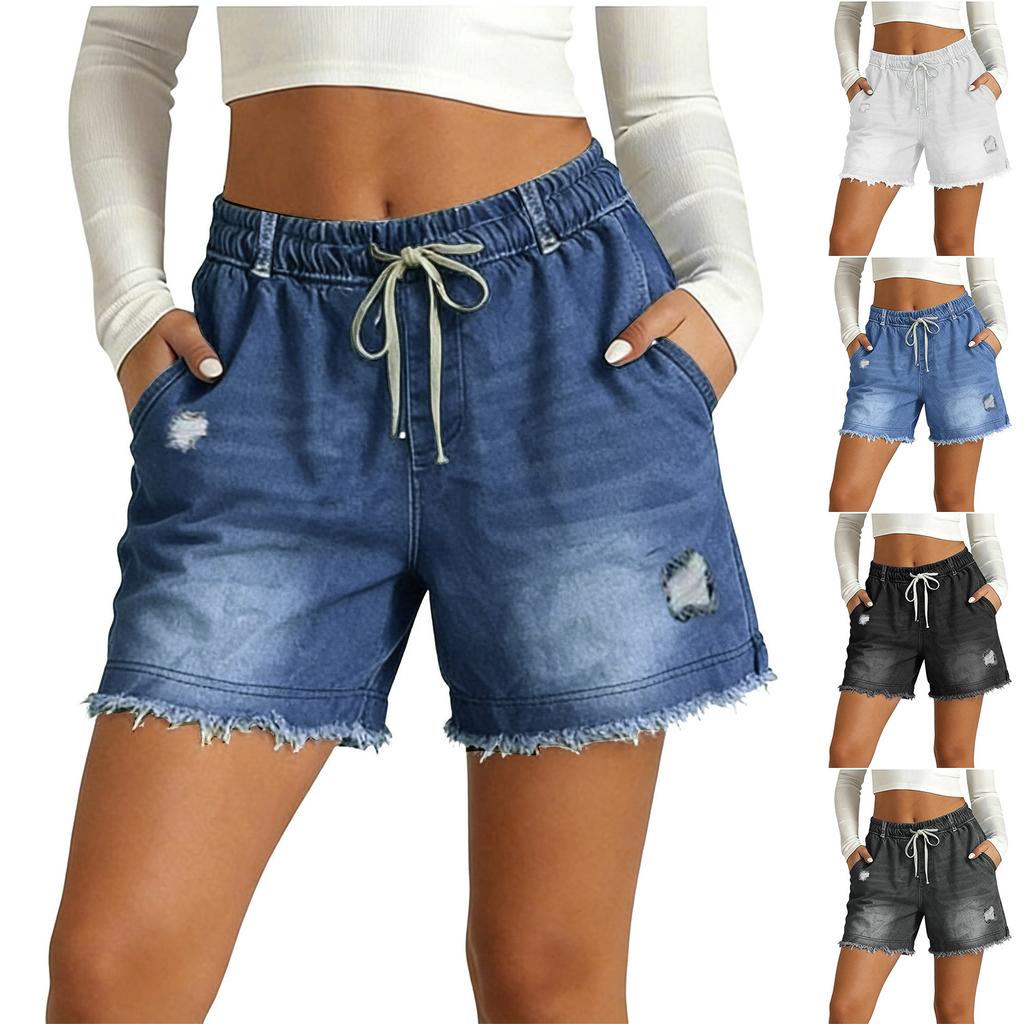 Pantaloncini di Jeans Casual da Donna con Coulisse in Vita Elastico Bordo Sfilacciato Usurato e Tasche per l'Uso Quotidiano