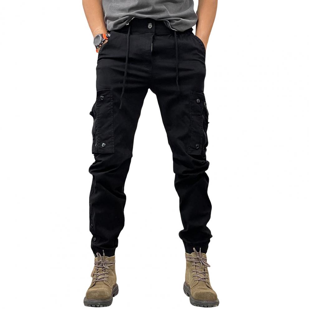 Spring and Autumn Men Trousers Men's Drawstring Waist Cargo Pants with Multi Pockets for Wear Outdoor Training Solid Color Sport