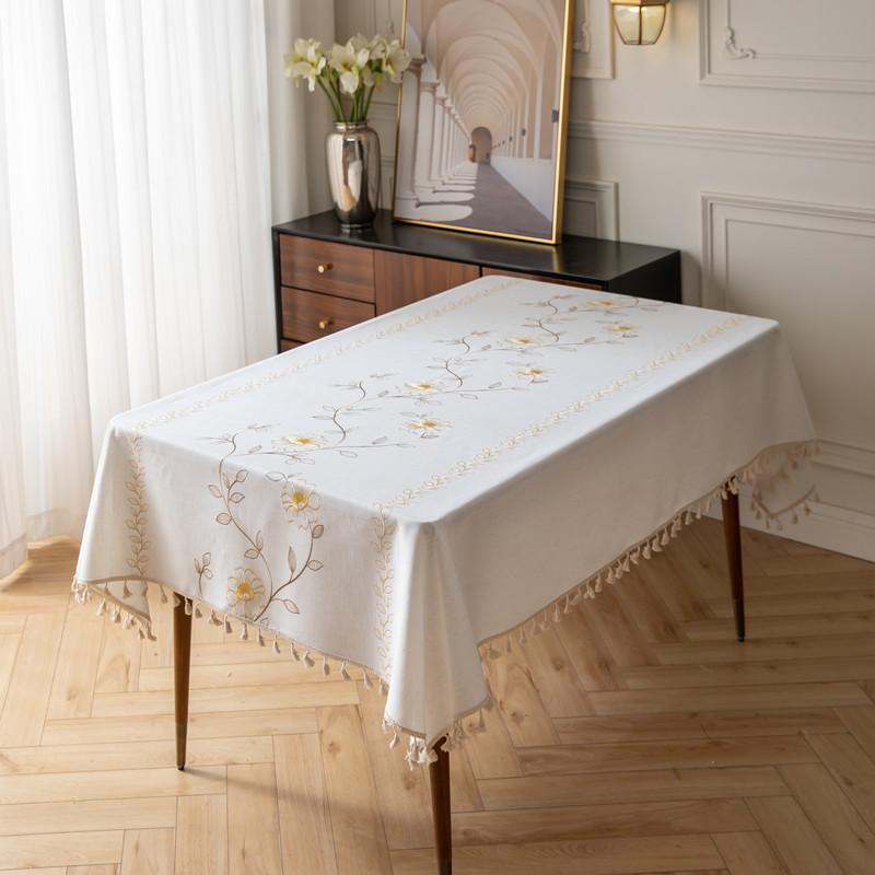Embroidered Plaid Flower Tassel Tablecloth Rectangular Coffee Table Anti-fouling Decorative Tablecloth Tablecloth