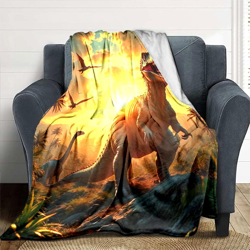 Sunset Valley T‑Rex Pterosaur Dinosaur Landscape Print Flannel Blanket Soft Warm Throw Blanket for Sofa Bed Living Room