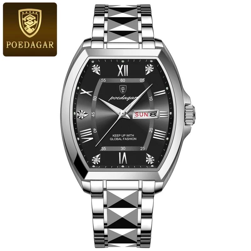 POEDAGAR Stainless Steel Watch Men Luxury Brand Business Luminous Waterproof Male Clock Tonneau Case Calendar Men Quartz Wristwatches