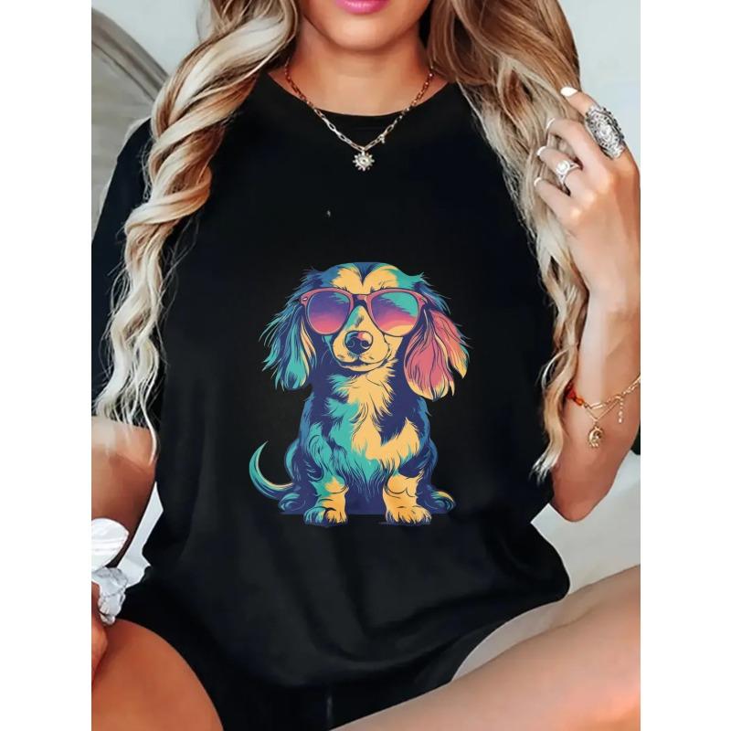 Oversized T Shirt Black Colorful Dog With Sunglasses Print Casual Wear For Women Summer Outfit Street Style Fashion Top