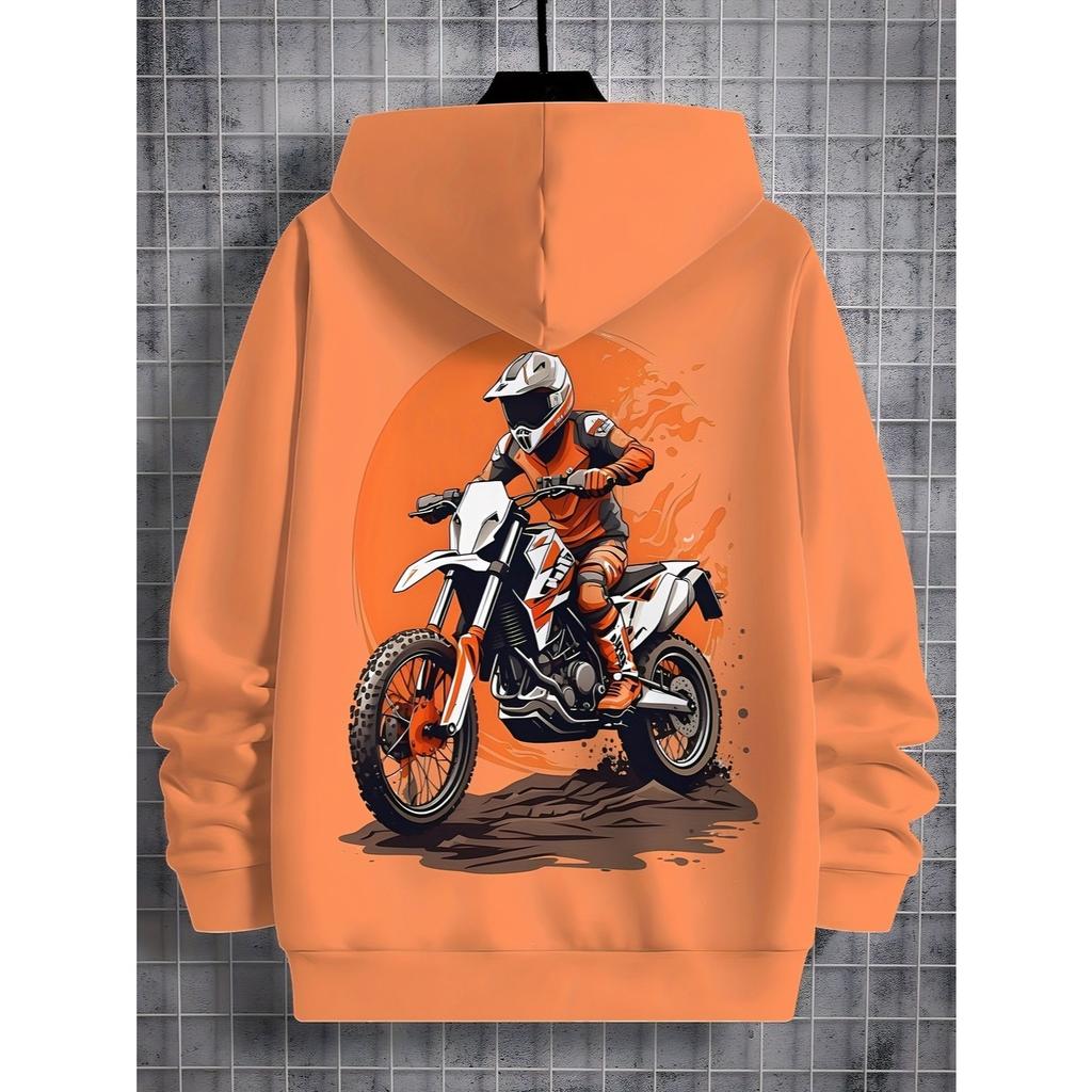 Boys' Orange Off road Motorcycle Rider Hoodie, Dynamic Printed Boys' Trendy Cool Casual Hoodie