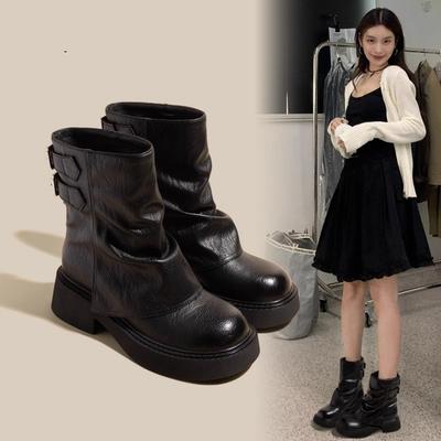 Lederne Innensohlenerhöhung Martin Stiefel Damen Retro Kurze Stiefel Frühling und Herbst Einzelstiefel Neue Dicksohlenhosen Western Martin Stiefel
