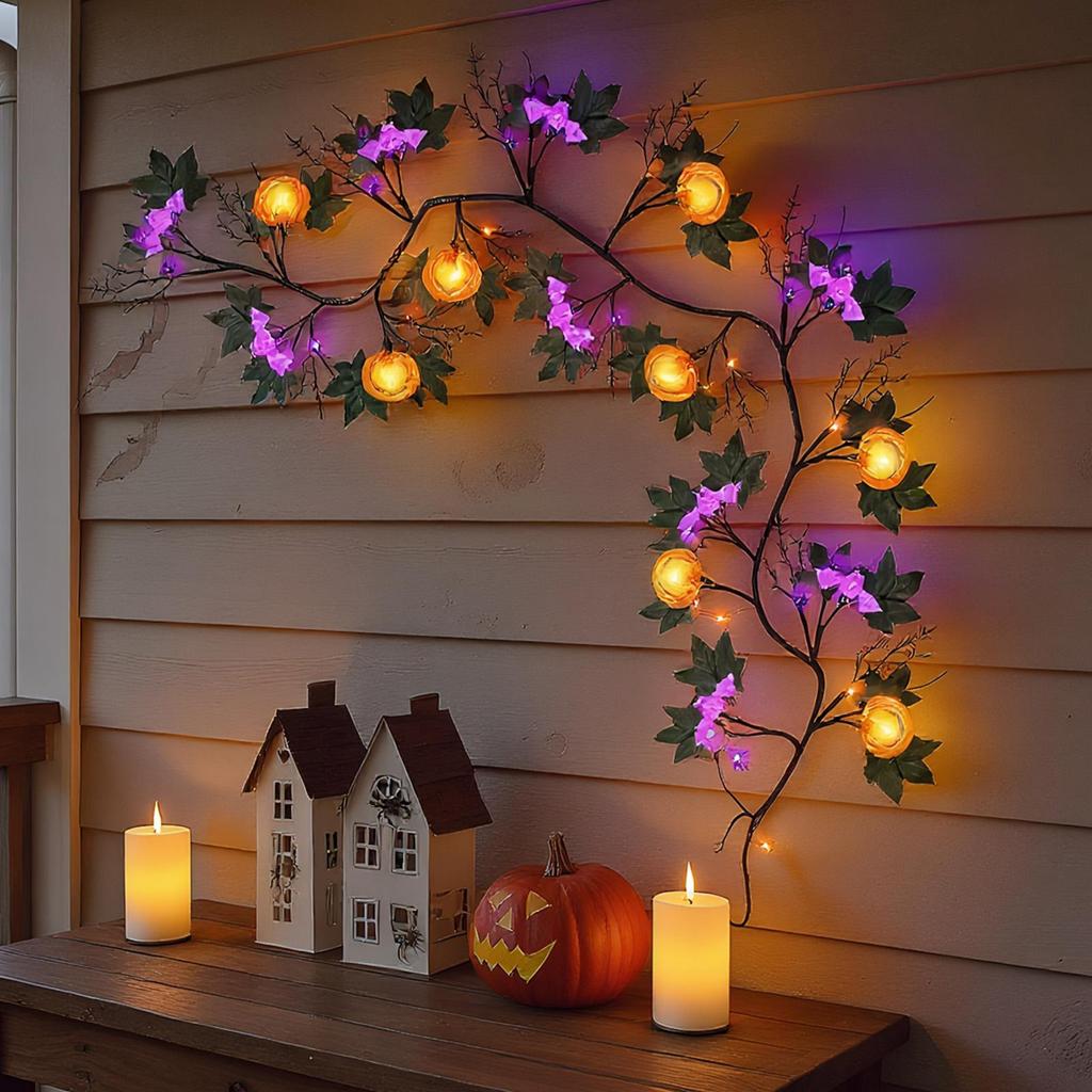 Halloween Lights Halloween Garland with Orange Pumpkin Bat Lights 8-Modes Battery Operated Waterproof Decorations for Indoor