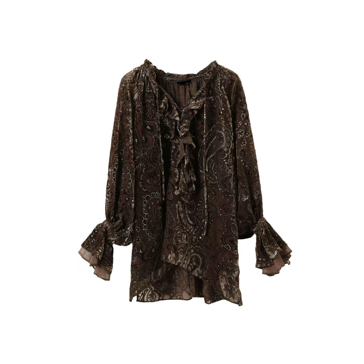 26 Ранняя весна Дизайнерская Жаккардовая Рубашка Свободного Кроя с Завязками и Длинным Рукавом Small