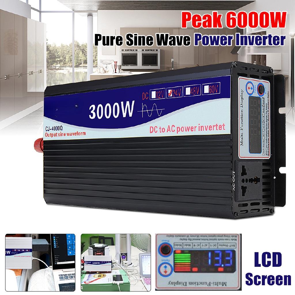 3000W/4000W/5000W/6000W Intelligent Screen Pure Sine Wave Power Inverter  Converter Adapter LCD Screen 12V/24V To 220V